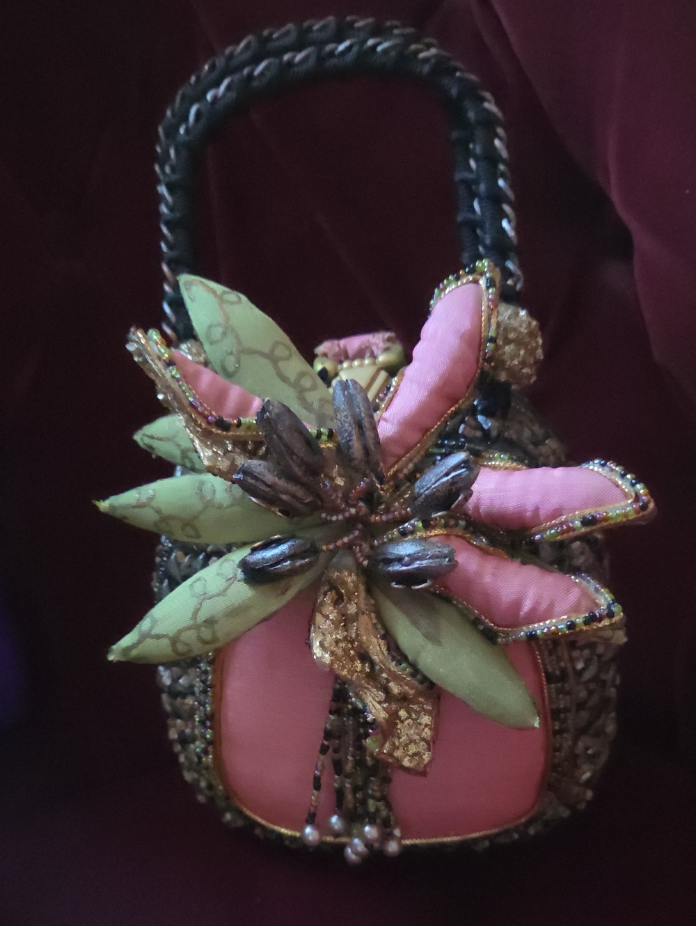 Embellished Pink & Green Floral Mini Handbag